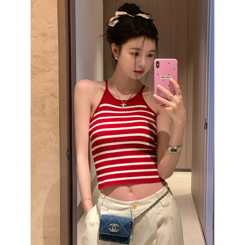 Camisole Women's Inner Wear Summer Outer Wear Striped Knitted Bottoming Sexy Spice Girl Navel Bottoming All-match Top