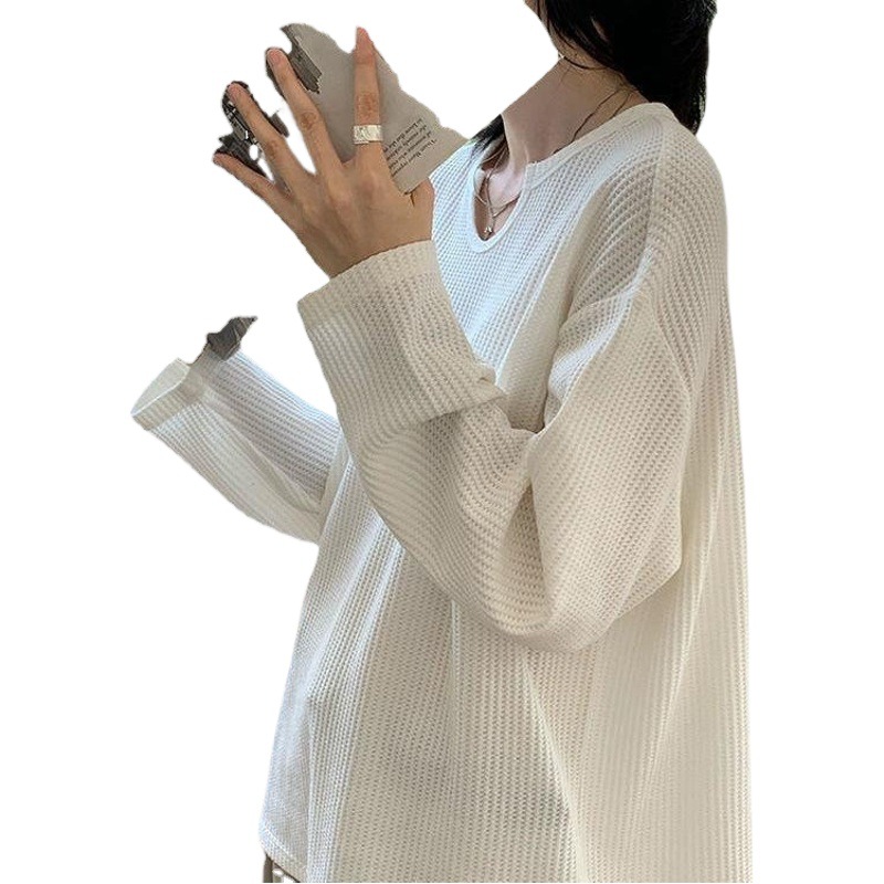 Waffle Knitted 2025 Early Autumn New Top T-Shirt Women's Design U-Neck Niche Thin Section Slim Long-Sleeved Wholesale
