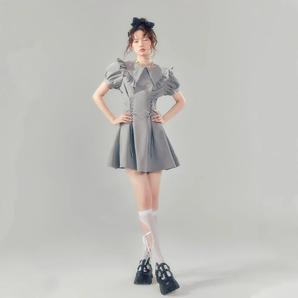 Doll Collar Strap High-end Grey Puff Sleeve dress Women's Summer Hot Girl's Short Skirt with Tight Waist Slimming A- line Skirt