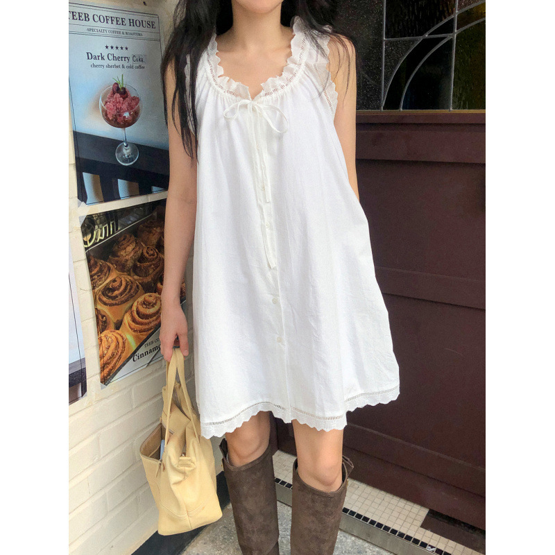 South Korea's Dongdaemun Ins Summer New Sweet Age-Reducing Lace Ruffled Lace-Up Sleeveless Vest Dress for Women