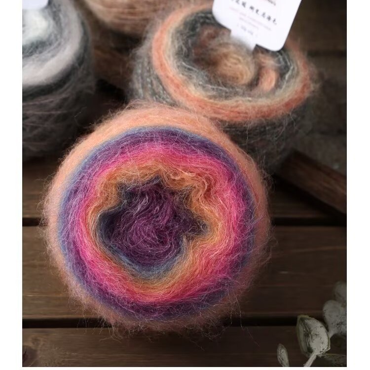 Cross-border wholesale kaleidoscope gradient mohair long wool 50g group hand-knitted crochet scarf shawl coat line