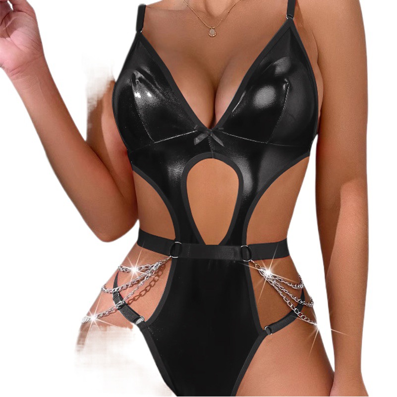 Cross-border foreign trade European and American new sexy lingerie sexy women patent leather chain hollow jumpsuit sexy suit wholesale