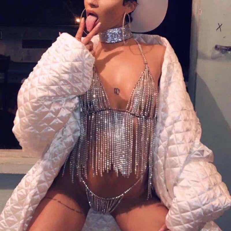Sexy women's full set rhinestone bra body chain jewelry elegant crystal hollow thin shoulder strap adjustable T-shaped underwear for women