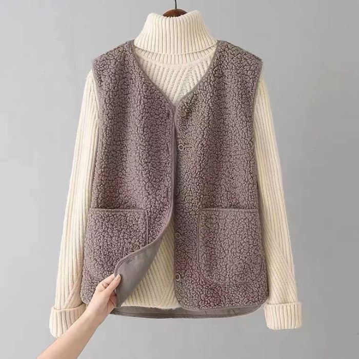 Picture of Lambswool Fleece Vest Jacket for Women, Early Autumn Fashion, Stylish Fur Integrated Outerwear Vest