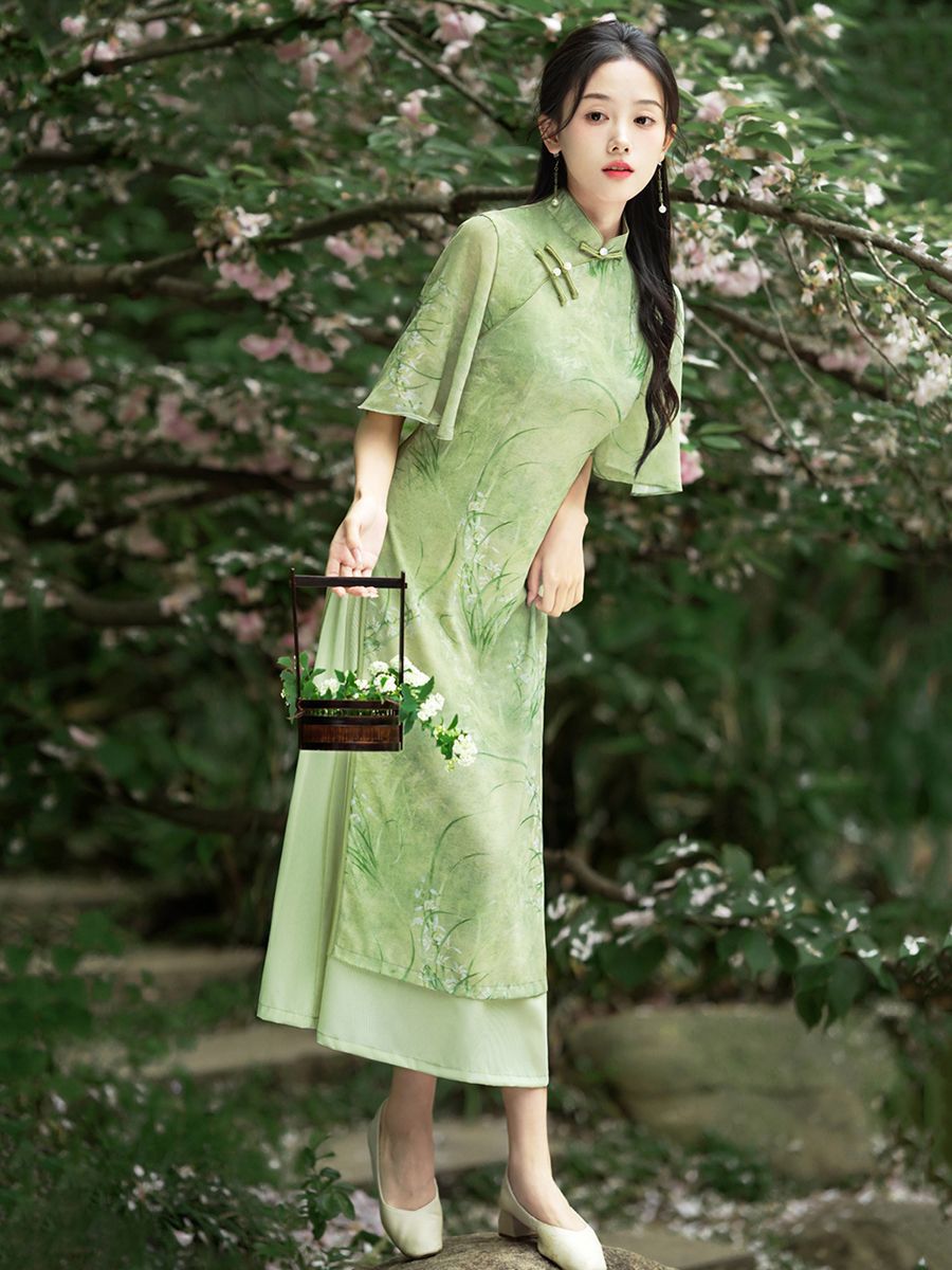 [Gui Xiang Falling Clothes] Young Style Send Kao Ao Dai Cheongsam New Elegant Inverted Big Sleeve New Chinese Style Green Summer