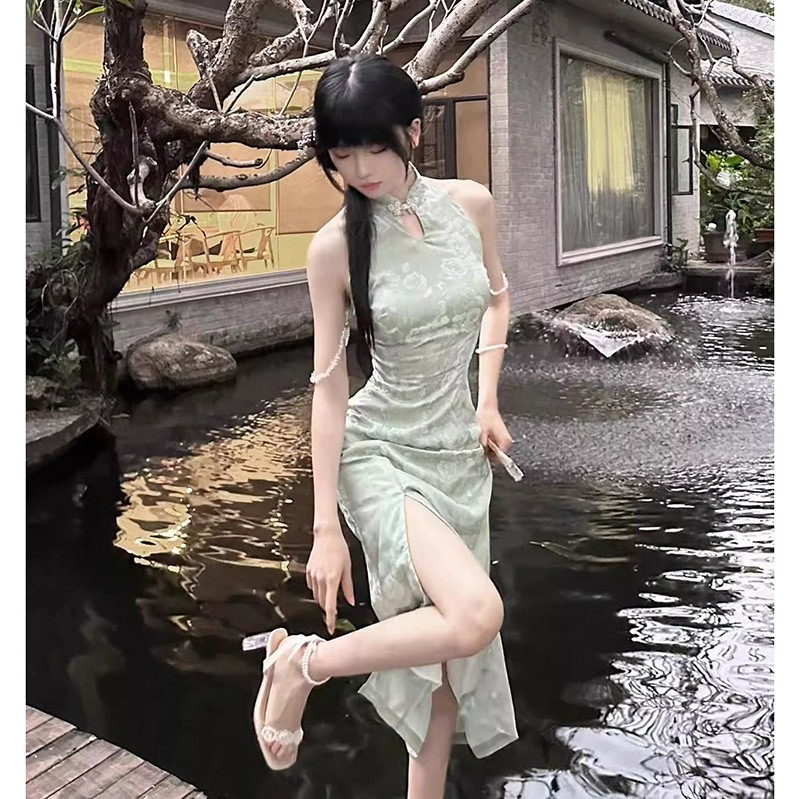 New Chinese Style Cool Green Modified Cheongsam Sexy Style Beautiful dress Women's Summer