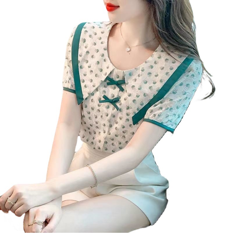 Picture of Chiffon Blouse for Women, Spring and Autumn 2023, Doll Collar, Thin Mesh Top, Stylish and Versatile, Floral Pattern, Fashionable and Elegant