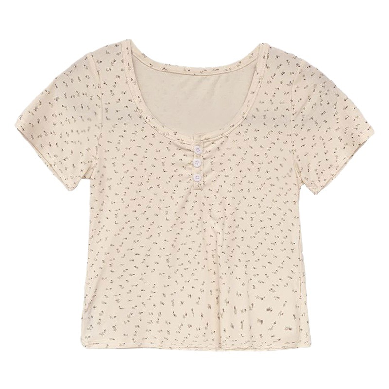 Summer new u-collar floral short sleeve shoulder short top women's slim slim base small fresh t-shirt women's wholesale