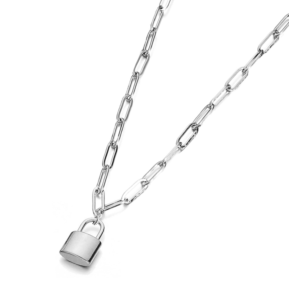 Picture of European and American Style Stainless Steel Paperclip Chain Padlock Pendant Clavicle Charm Personality Necklace