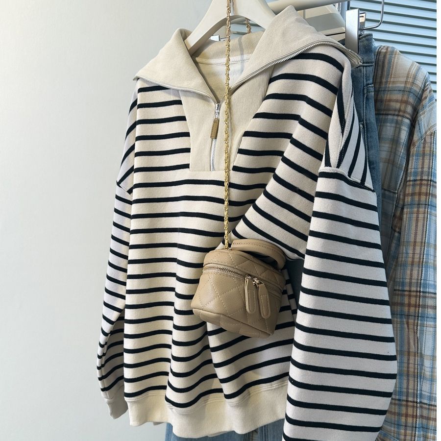 BF Lazy Style Striped Polo Lapel Long Sleeve Sweat Women's Autumn and Winter fleece-lined Korean Style Loose Casual Half Zip Top