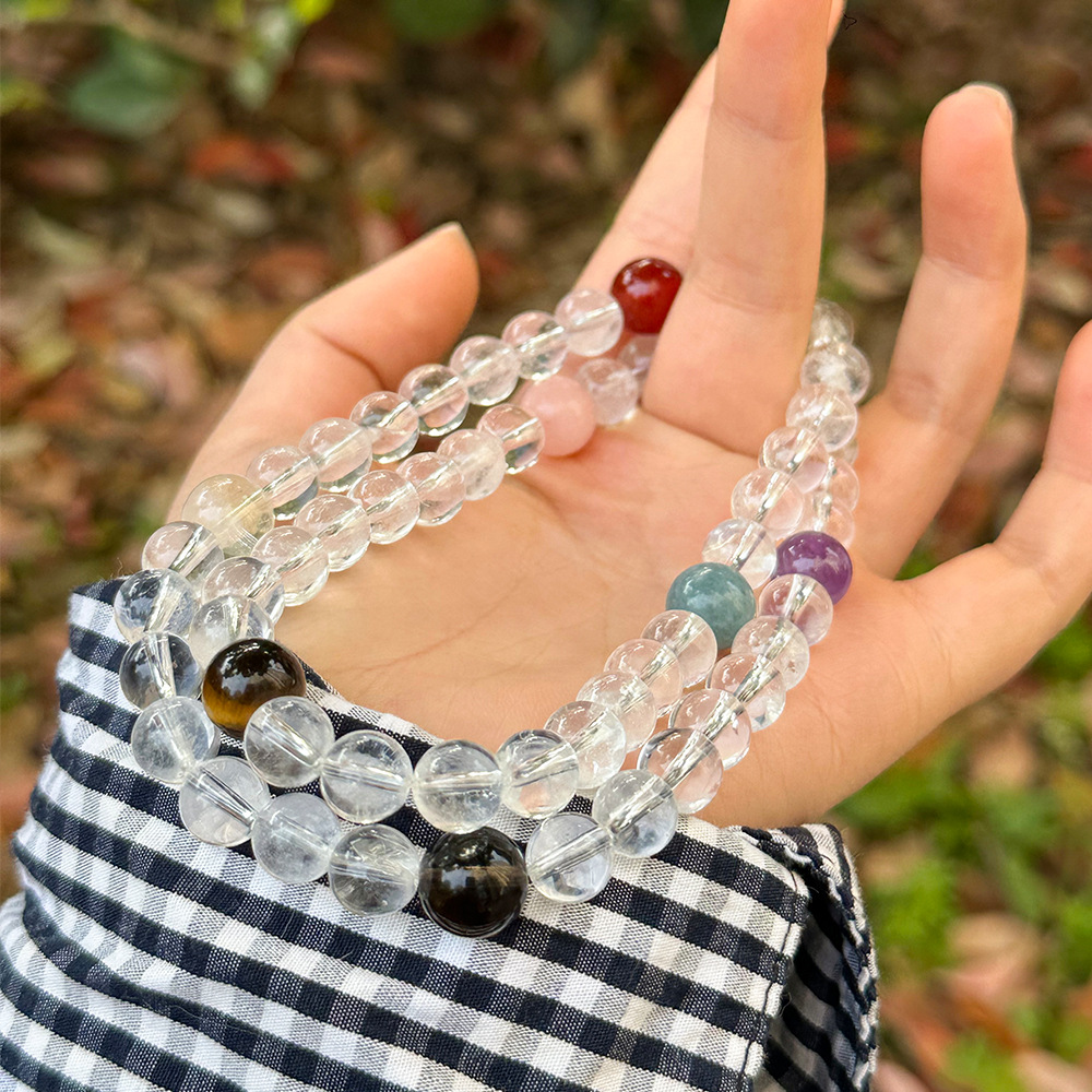 Natural Five Elements White Crystal Three Circle Multi-Treasure Bracelet Women's Fresh Rainbow Dopamine Multi-Circle Bracelet Little Red Riding Book Explosions