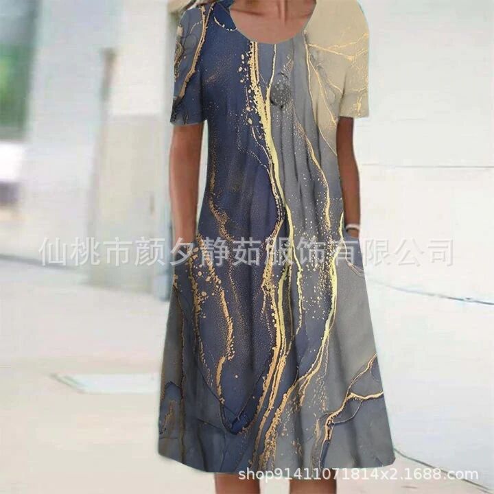 2022 AliExpress foreign trade new round neck short sleeve printing fashion loose dress