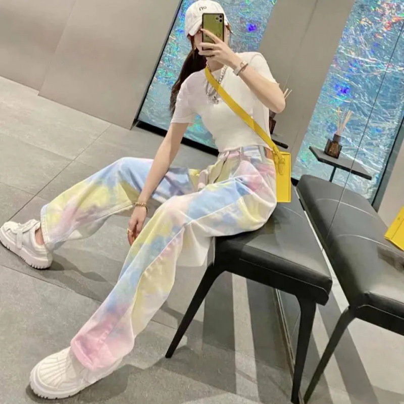 Rainbow tie-dyed loose draping Denim trousers for women plus size 2023 Spring and Autumn new fashion high waist mopping wide-leg pants