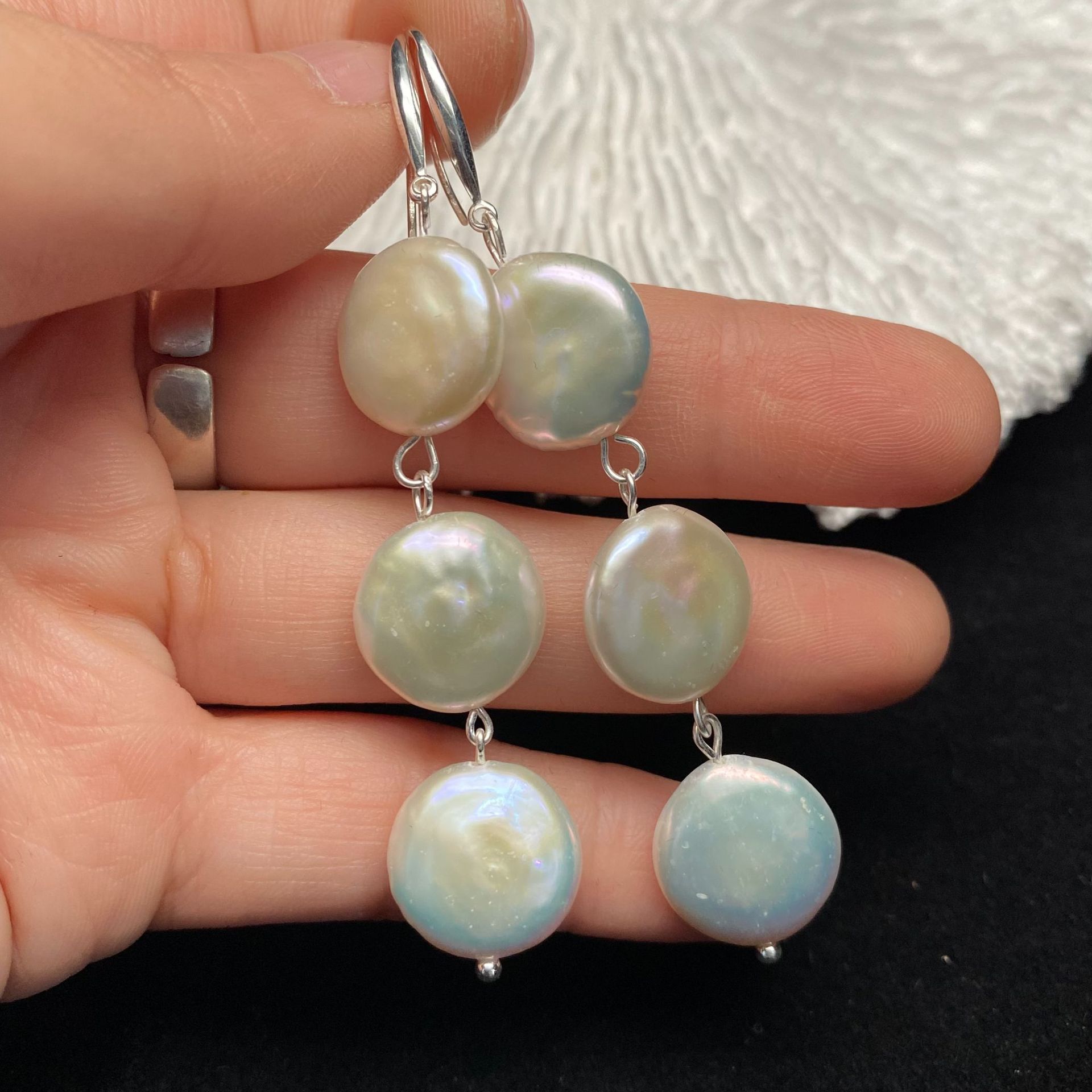 Simple Freshwater Pearl Round Button Baroque 925 Silver Pin Earrings Ear Hook Long Atmospheric High Fashion