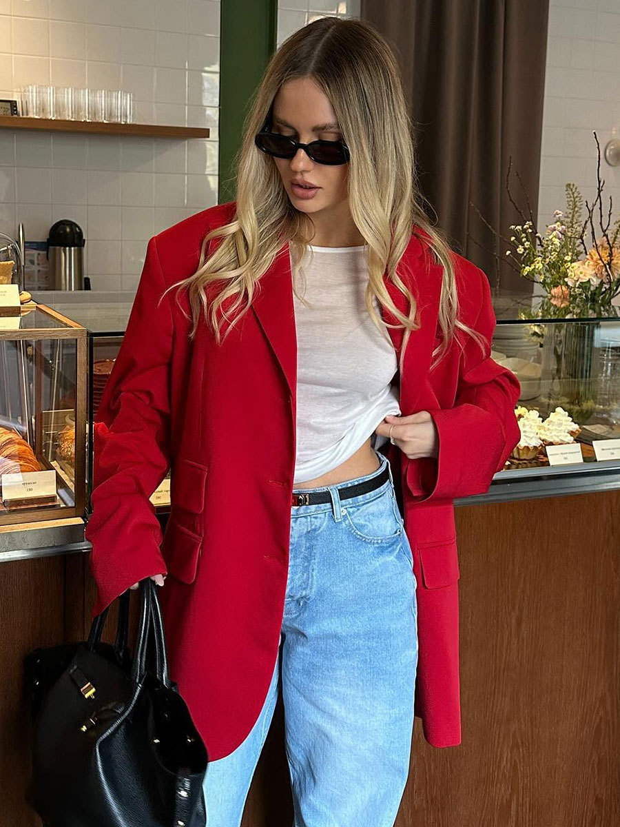Cross-Border Red Suit European and American 2025 Summer New Style Elegant Shoulder Pad Loose Lapel Pocket Red Suit Jacket