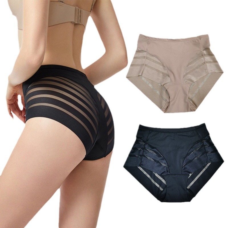 Picture of Cross-border mid-waist mesh ice silk briefs plus size thin breathable European and American sexy striped seamless underwear for women