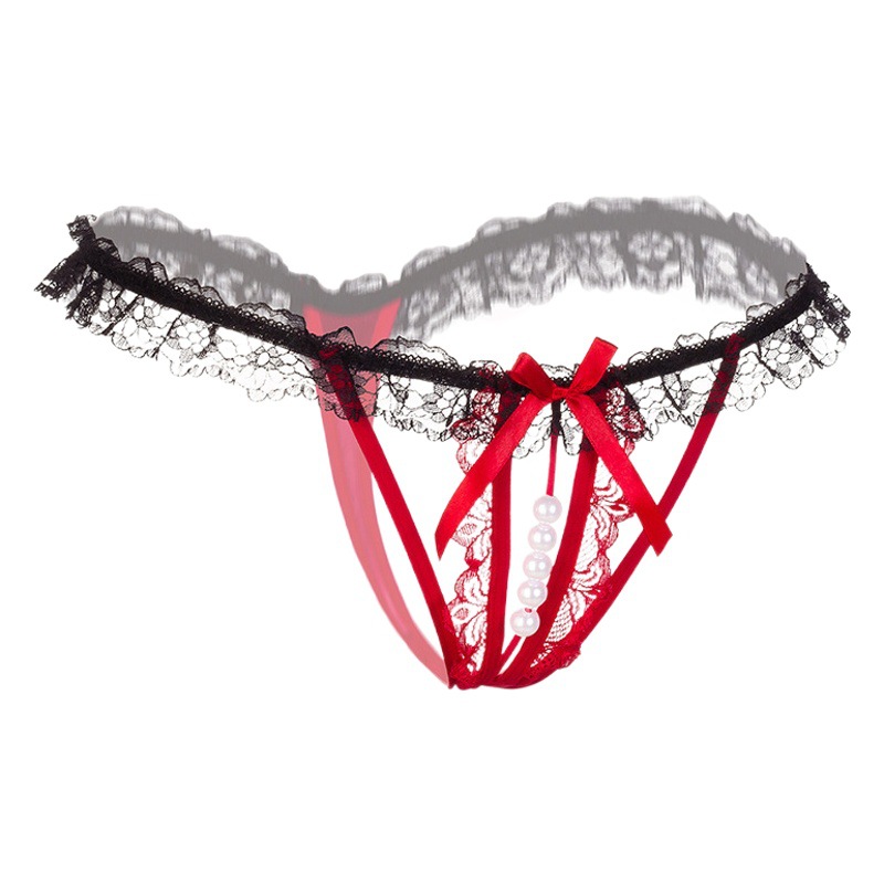 Sexy hollow pearl underwear massage open crotch temptation lace thong transparent passion stretch T pants sexy