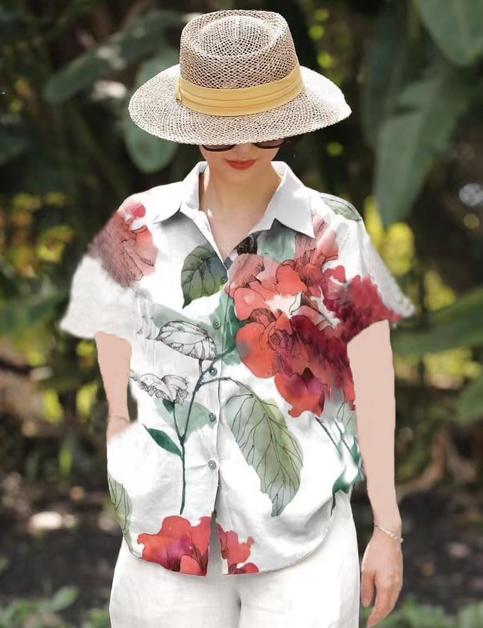 Picture of Amazon Spring and Summer plus size Loose chubby girl Elegant Casual Stylist Age-reducing Printed Shirt with Short Sleeve Lel