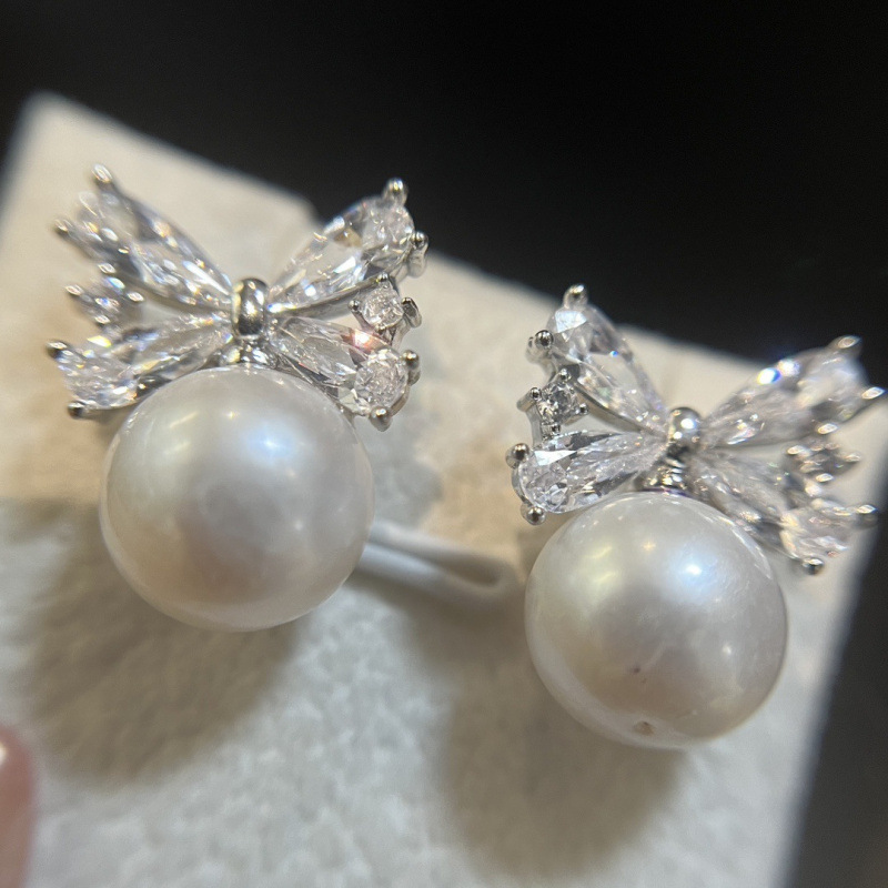Picture of Bow Earrings with Gold Crystal Bow Earrings 10-11mm Edison Slightly Imperfect Freshwater Pearls