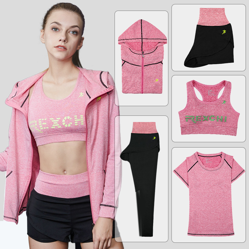 Four Seasons Yoga Clothing Hooded Five-piece Set Multi-size Outdoor Quick-drying Fitness Clothes Sportswear suit Women YDF02