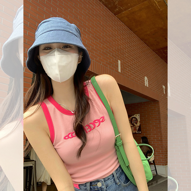 Pink Short Small Camisole Women's Inner Wear Summer Threaded Knitted I-Shirt Sleeveless T-Shirt Base Top