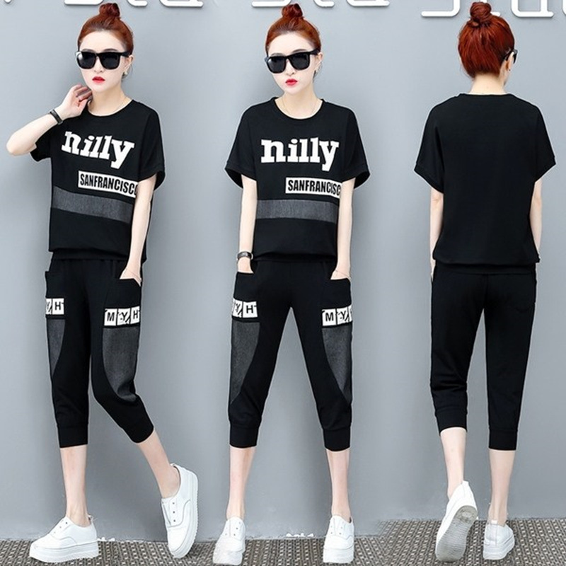 200kg fat mm fashion stitching casual suit women's summer loose large size short sleeve cropped pants two-piece set