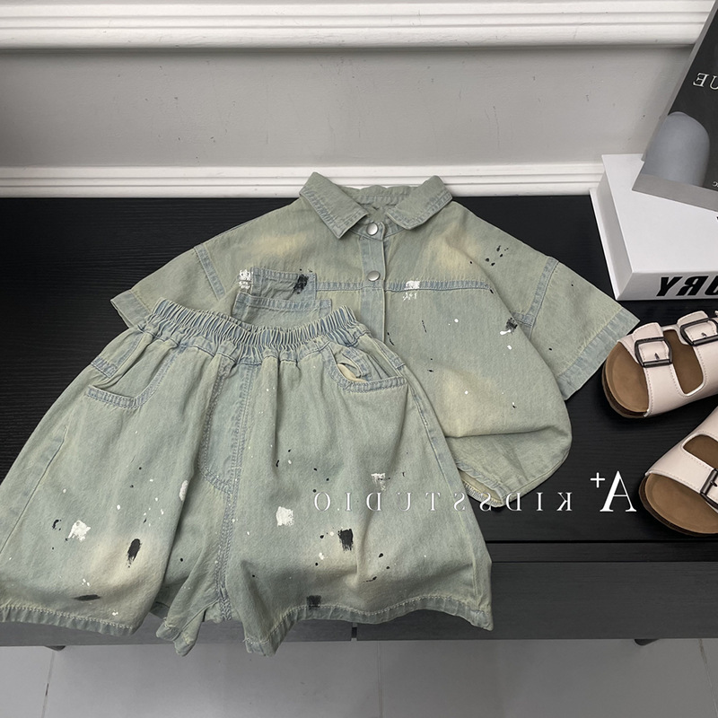 Boys' Summer suit 2024 New Denim Short-sleeved Shirt Baby Handsome Summer Clothes Children's Fashionable Shirt