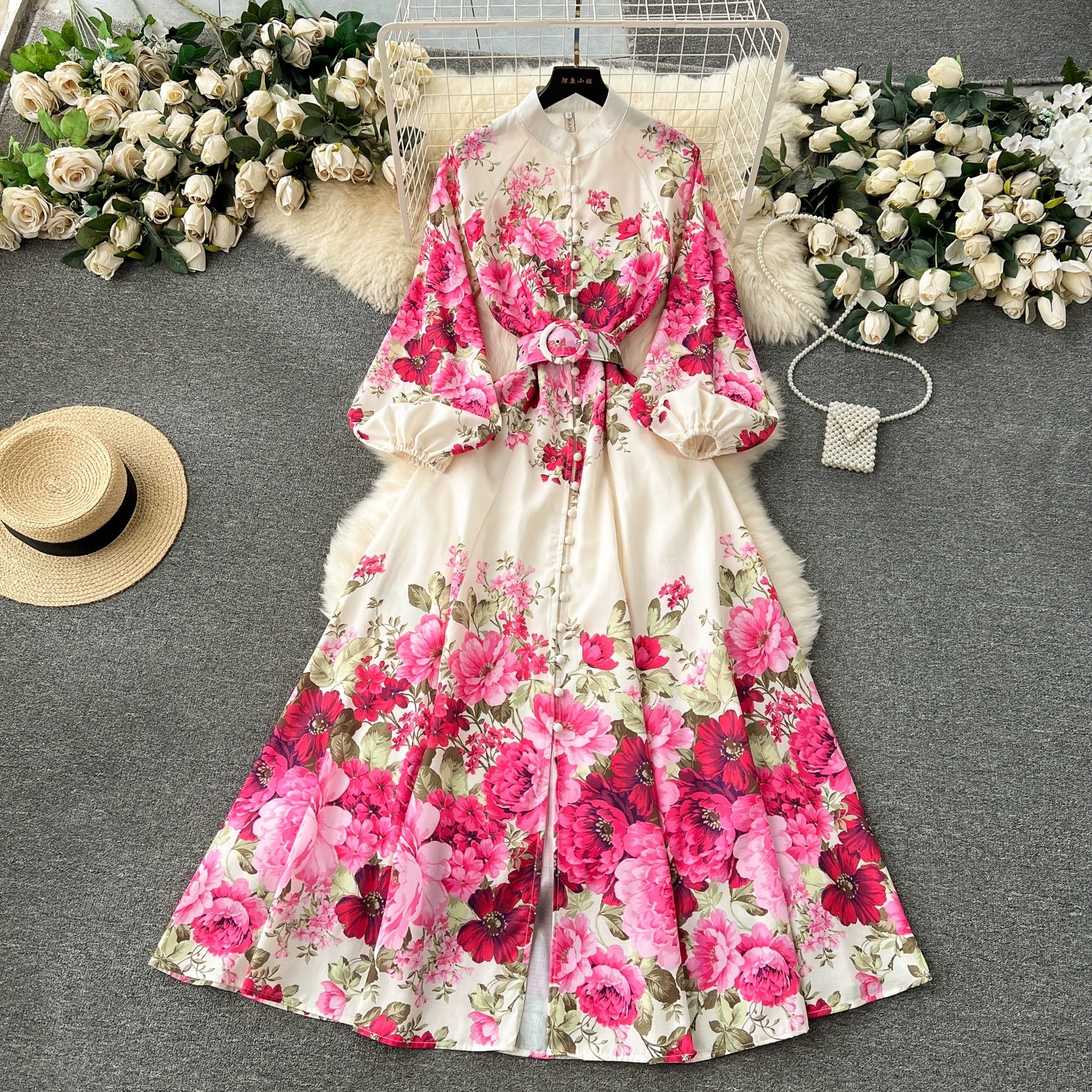 Cross-border Flower Series Spring 2024 New High-end Sense Printing Slim-fit Long French Puff Sleeve Elegant Dress
