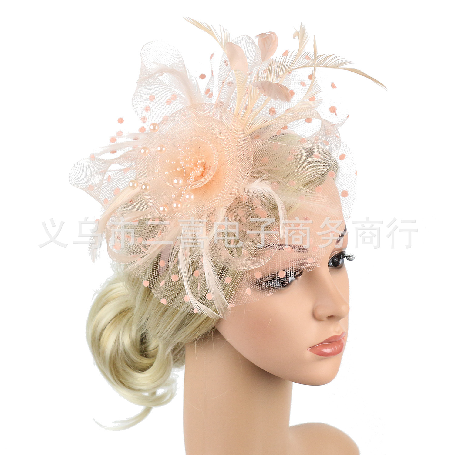 Picture of European and American Popular Amazon Feather Headdress Bridal Hair Accessories Mesh Top Hat Jockey Club Hair Accessories Hairpin Headband