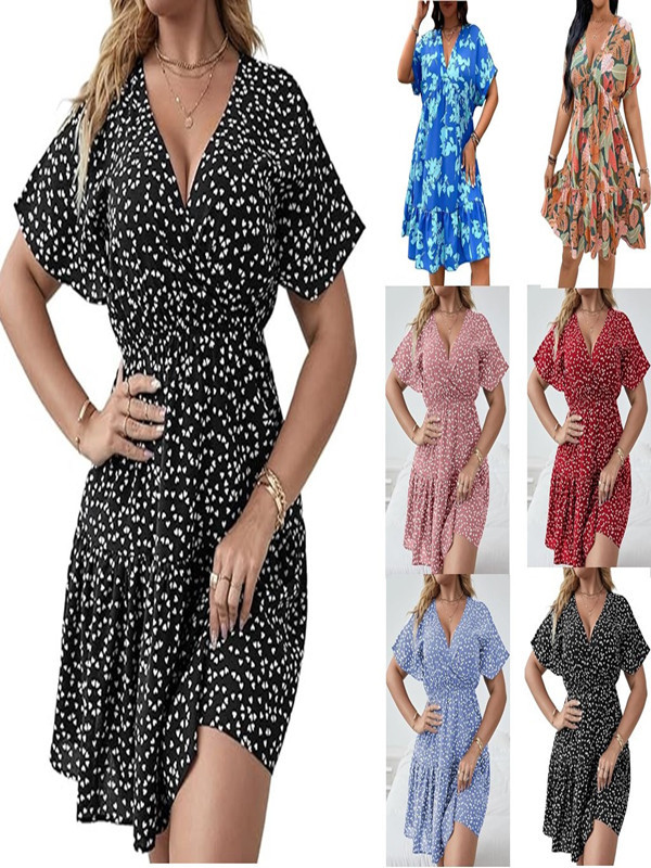 European and American Cross-Border Amazon Aliexpress 2025 Summer New Plus Size Floral V Neck Bat Sleeve Dress for Women