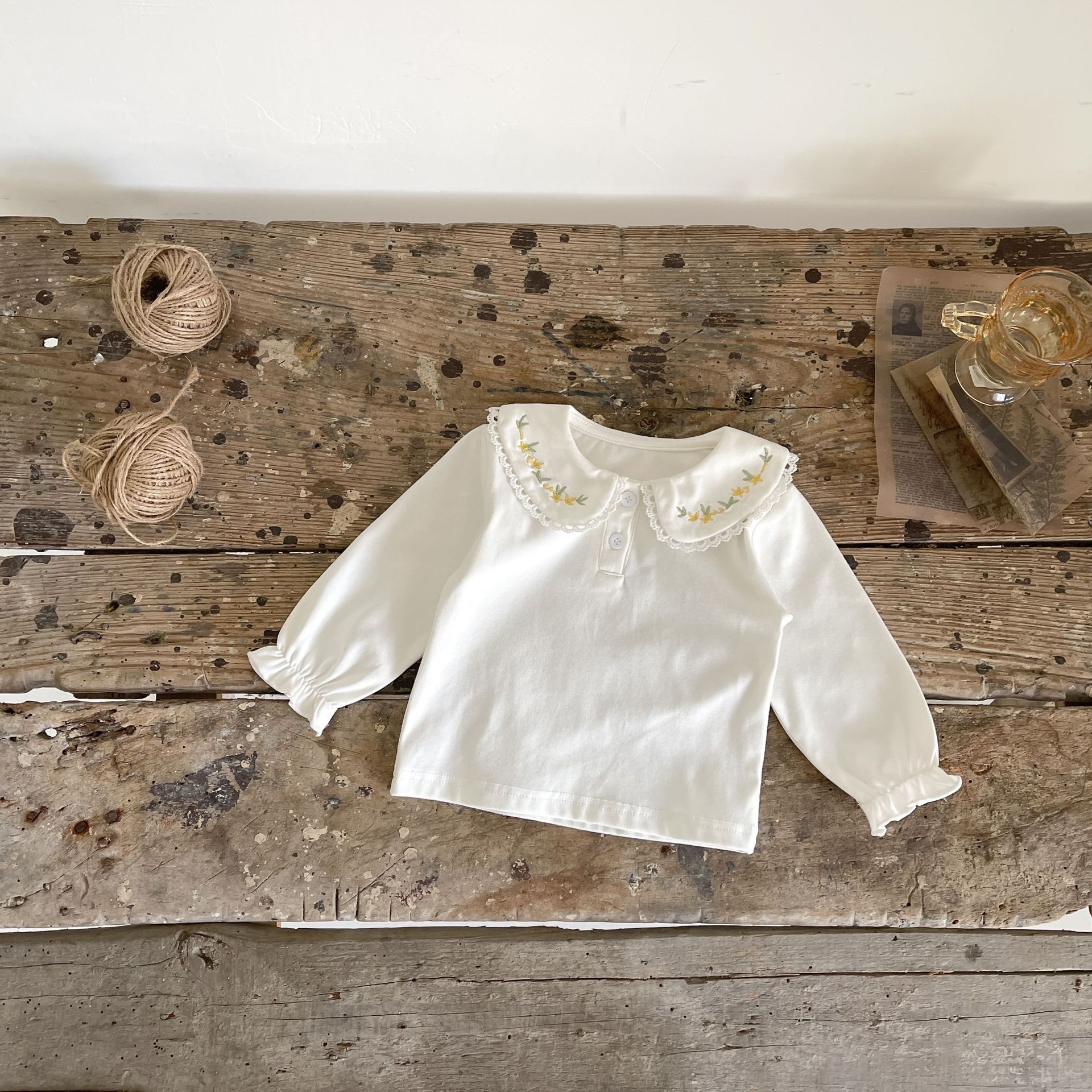 Picture of 0-3 Year Old Baby Girl Bottoming Shirt 2025 Spring & Fall Simple Infant and Toddler Embroidered Lapel Top Cotton Long-Sleeved T-Shirt