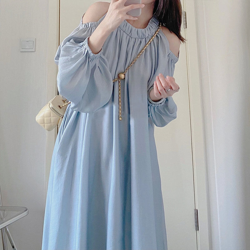 Blue French Style Gentle Style Puff Sleeve dress Women's Summer Design Sense Niche Shoulder Slimming Long Skirt
