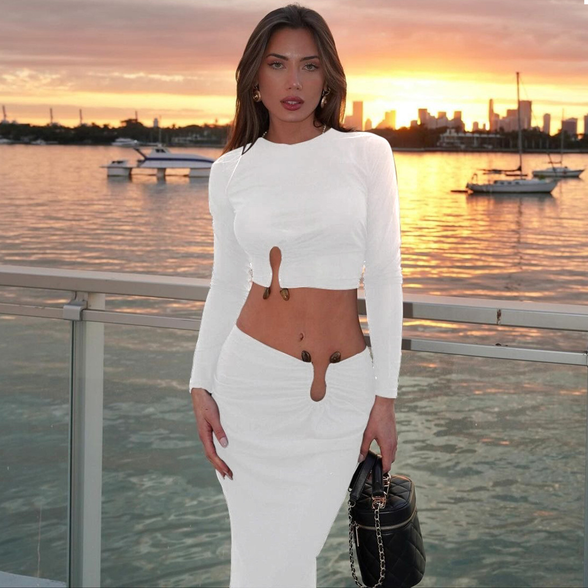 Cross-border European and American Women's Autumn and Winter New Elegant Solid Color Navel Top Sexy Waist Hip Skirt suit Women