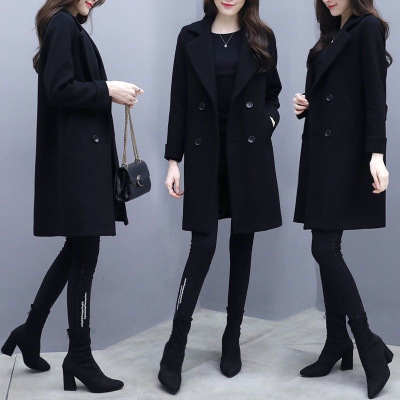 Picture of 2025 New Autumn and Winter Thickened Hepburn-Style Pocket Woolen Coat for Women, Black Slimming Mid-Length Woolen Coat