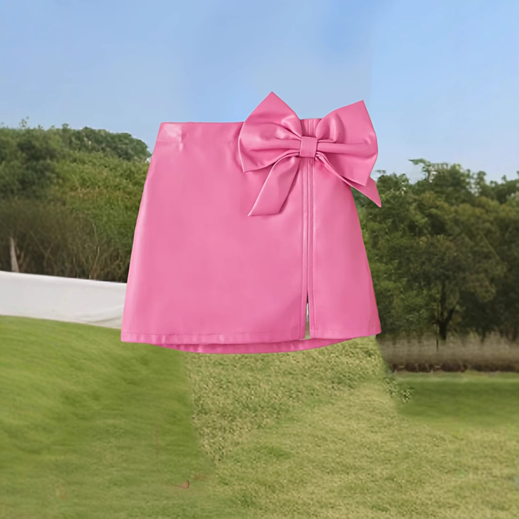 Young Girl Solid Color PU Leather Bow Detail Casual Dress Pink Skirt