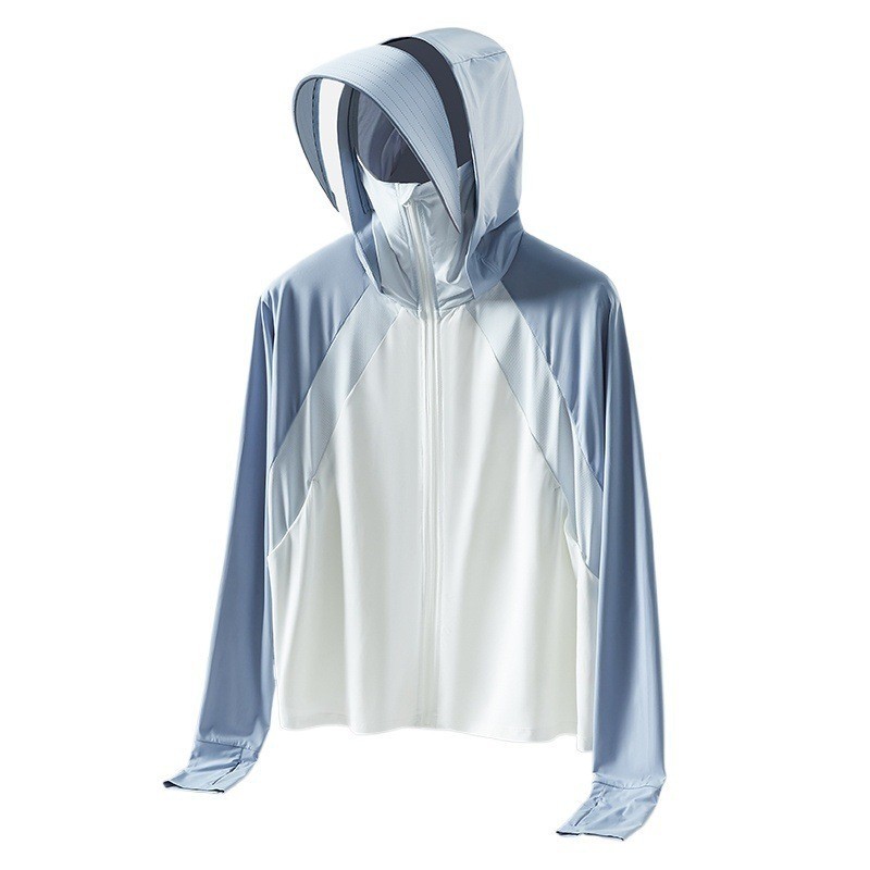 Ice Silk Sun Protection Clothing Removable Hat Brim UV Protection Lightweight Sun Protection Clothing for Men and Women Outdoor Outing Color-block Jacket