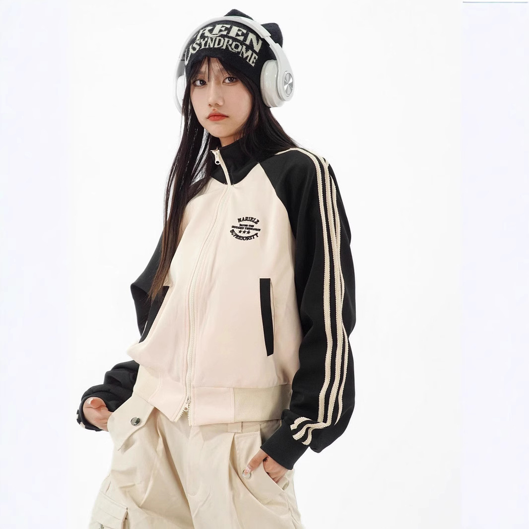 American Colored Three Bars Baseball Suit Jacket Women's Spring and Autumn Neutral Style Student Korean Casual Loose Jacket Women