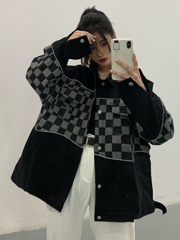 Picture of Checkerboard Stitching Denim Jacket Loose Korean-style Fashionable Autumn and Winter ins High Street All-match Jacket Top for Men and Women Students