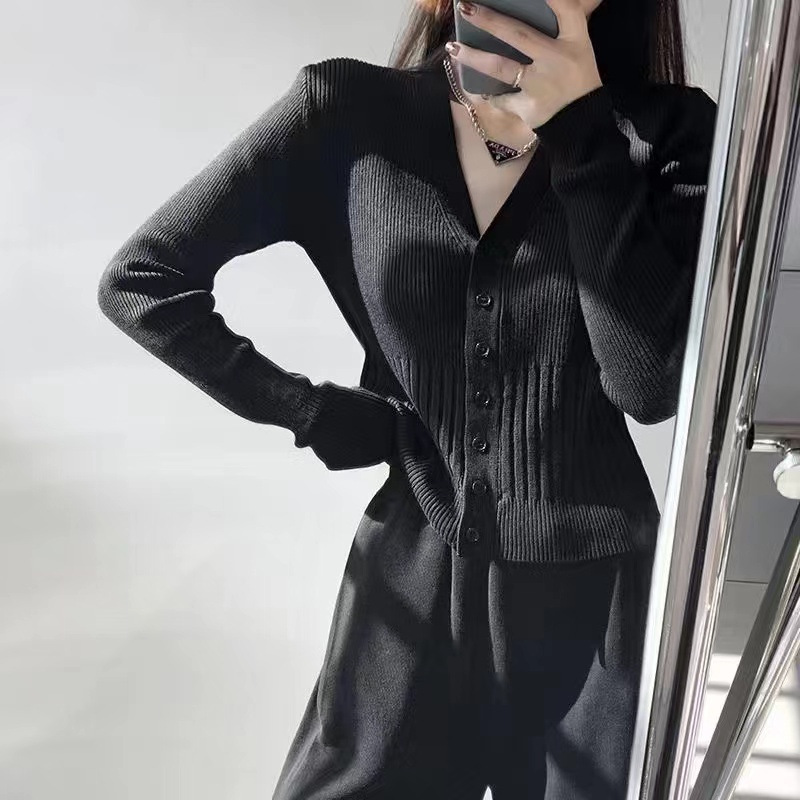 Picture of American V Neck Knitted Cardigan Female Internet Celebrity Spring & Fall Elastic Single-Breasted Sweater Sexy High-Waisted Short Crop Top