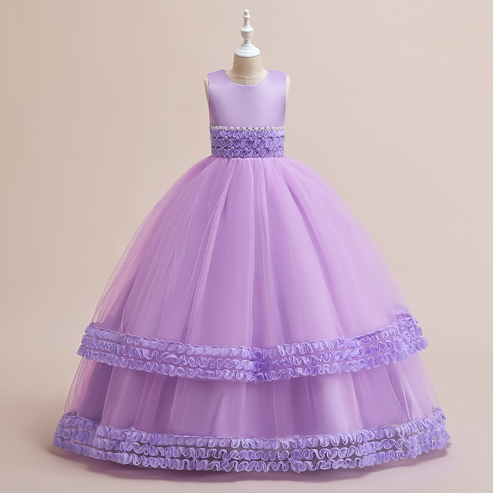 European and American Kidsren's Clothing Kidsren's Dress Mesh Stereo Flower Fluffy Gauze Princess Dress Piano Performance Evening Dress