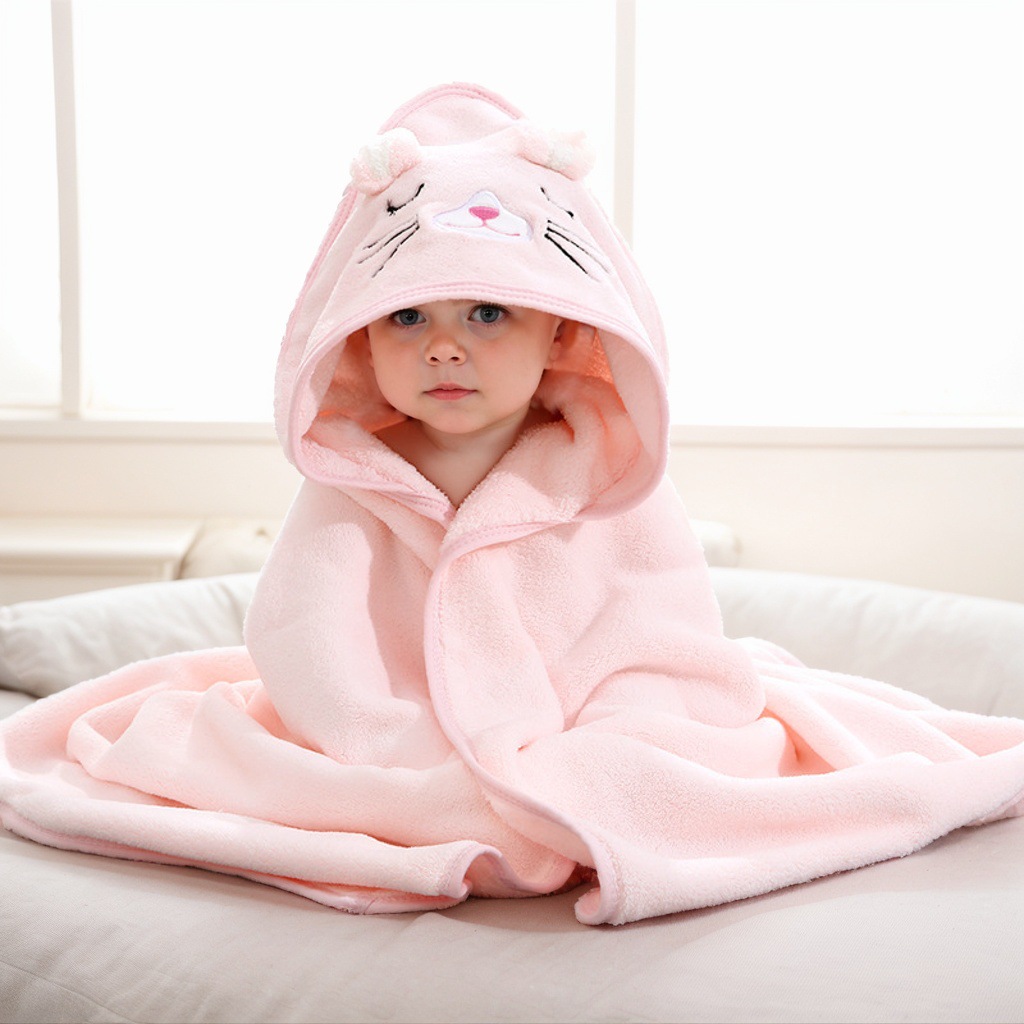Picture of Baby Cartoon Bag Blanket Coral Fleece Absorbent Children's Bath Towel Embroidered Blanket with Hood Cloak Soft Newborn Blanket