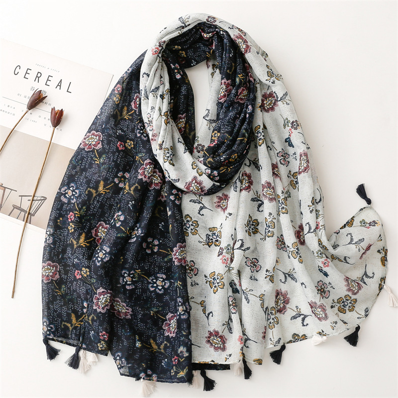 Fresh and Sweet Plain Elegant Xizang Green Stitching Small Floral Travel Sunscreen Beach Towel Cotton and Linen Hand Silk Scarf Air Conditioning Shawl