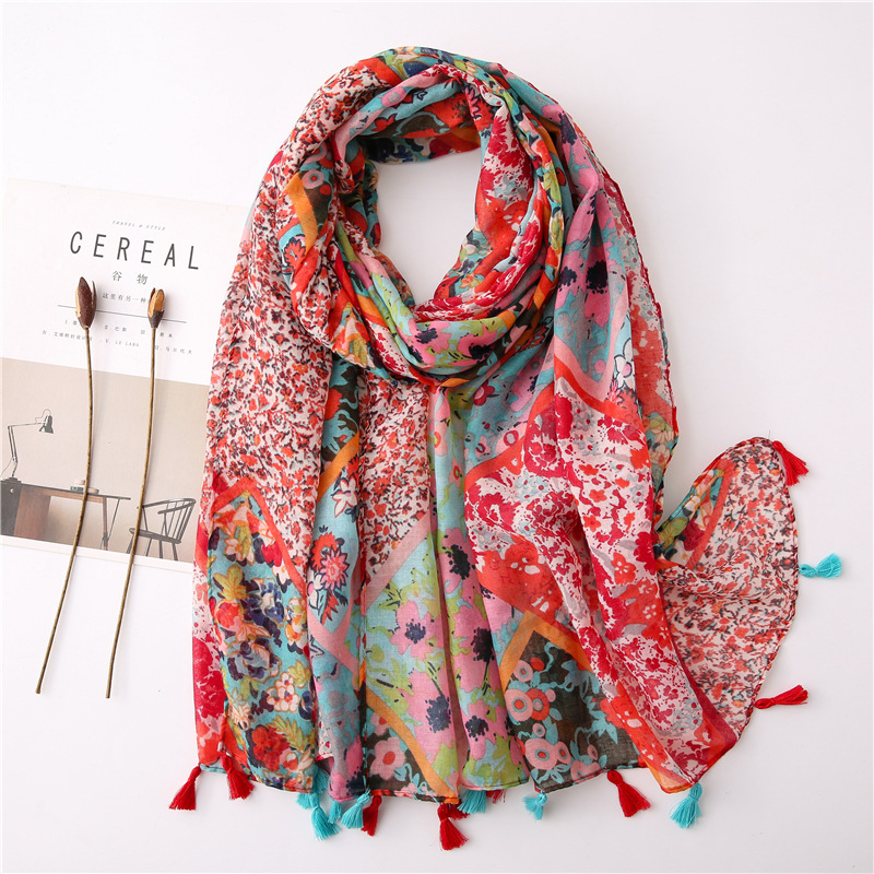Early Spring New Red Ethnic Style Creative Flowers Travel Sunscreen Shawl Scarf Silk Scarf Women Thin Bali Yarn