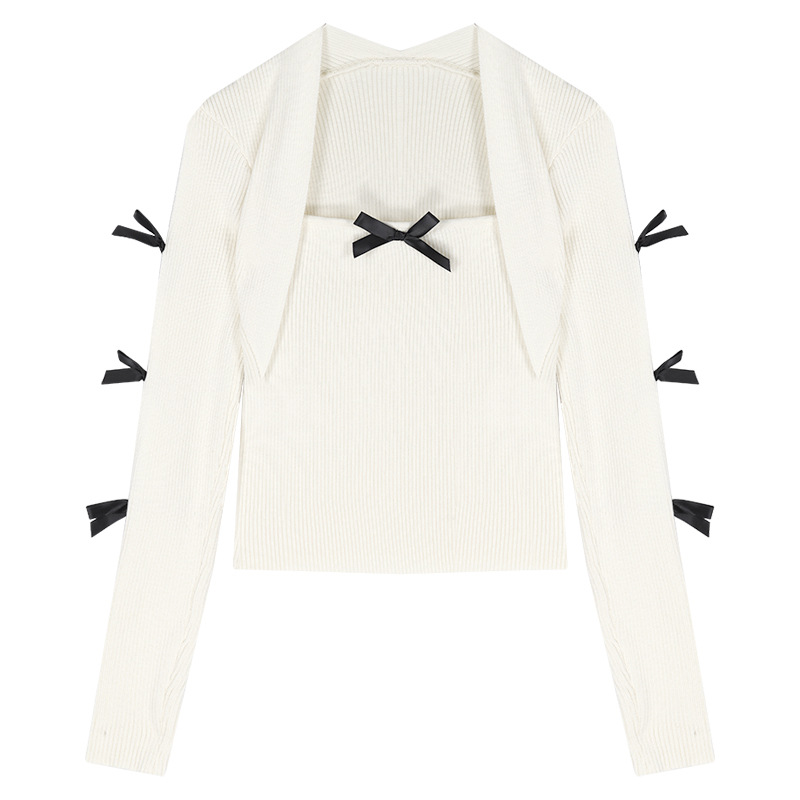 Picture of Pure Desire Style Bow Square Collar Slim-fit Slimming Long-sleeved T-shirt Niche Fashion Sexy Spice Girl Chic Unique Top