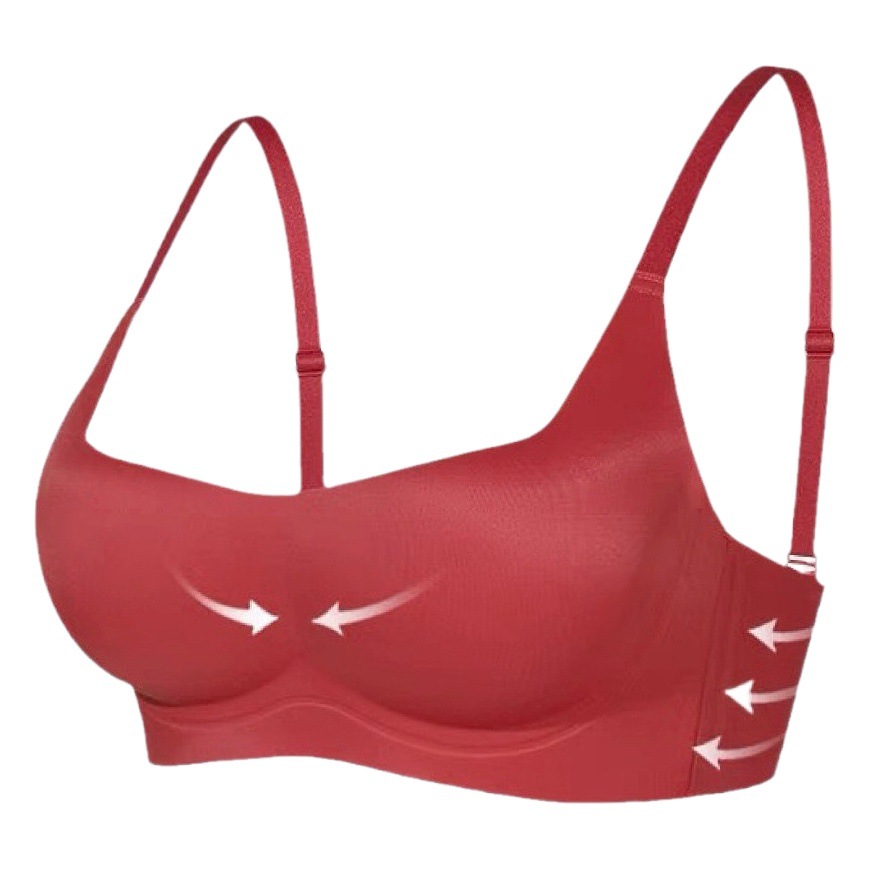 Comfortable small square collar women's seamless soft support thin shoulder strap without steel ring red bra gathered underwear women's small chest big