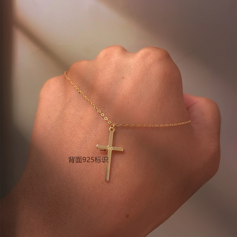 European and American sterling silver plated 14K gold cross necklace women's clavicle chain pendant simple fashion Joker jewelry wholesale