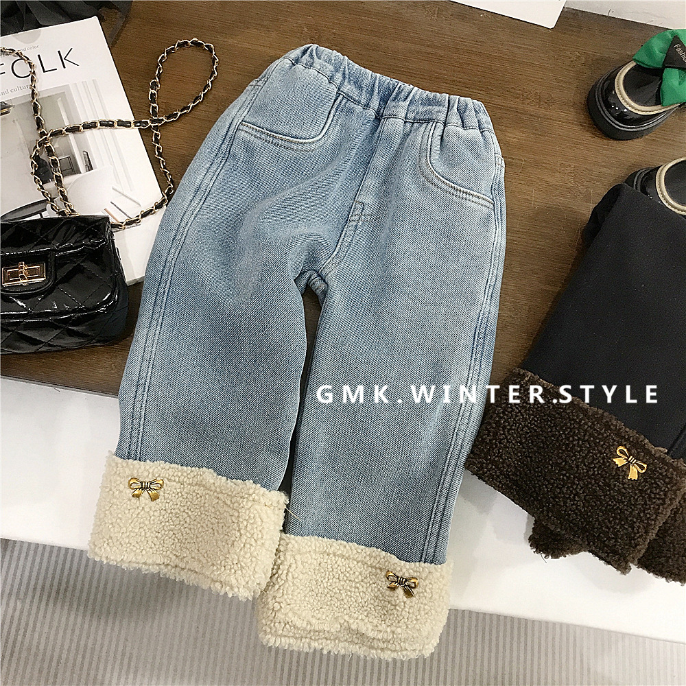 Girls' fleece-lined Jeans Autumn and Winter Children's Thickened Pants Western Style Children's Straight Pants Baby's Winter Casual Pants