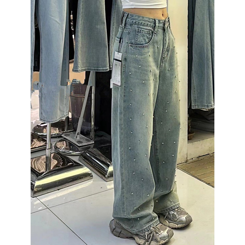 European goods early spring design sense heavy industry nail drill jeans women's wide leg straight pants light blue high waist loose