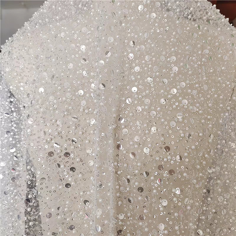 Mesh embroidered Pearl sequins loose beads embellished fabric handmade DIY fabric wedding dress veil skirt fabric