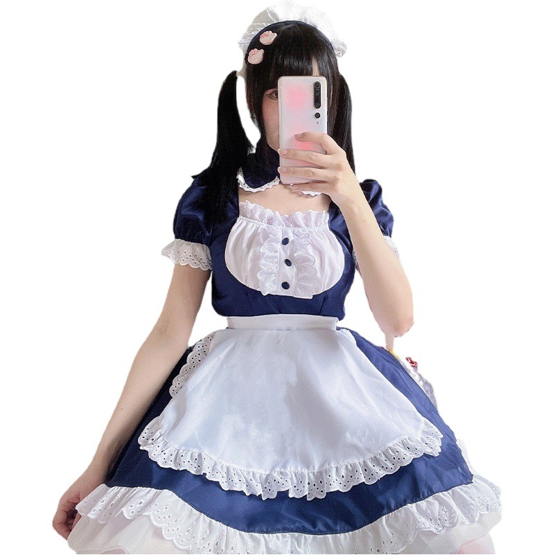 Japanese style two-dimensional contrast color stitching maid dress cute sexy lace lolita Dress cospla restaurant clothes